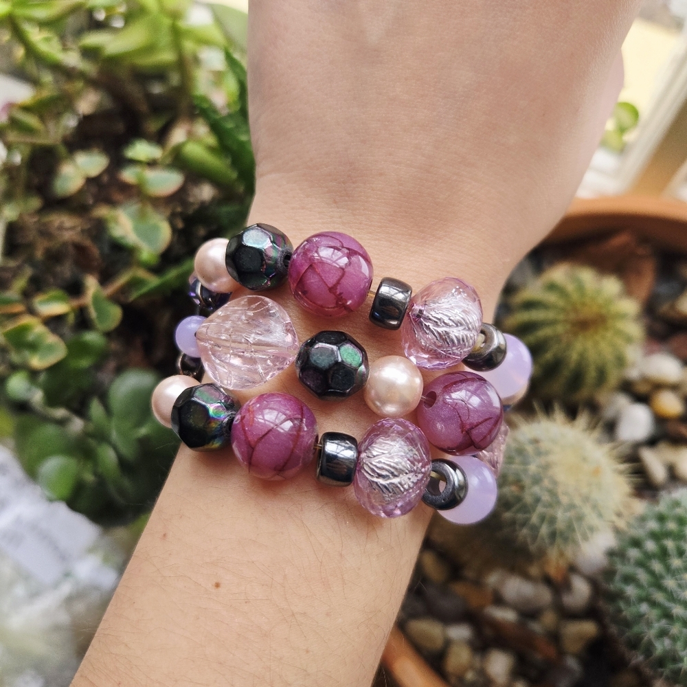 Vintage Purple & Pink Oversized Boho Bohemian Bead Layer Beaded Stretch Bracelet - Picture 11 of 11